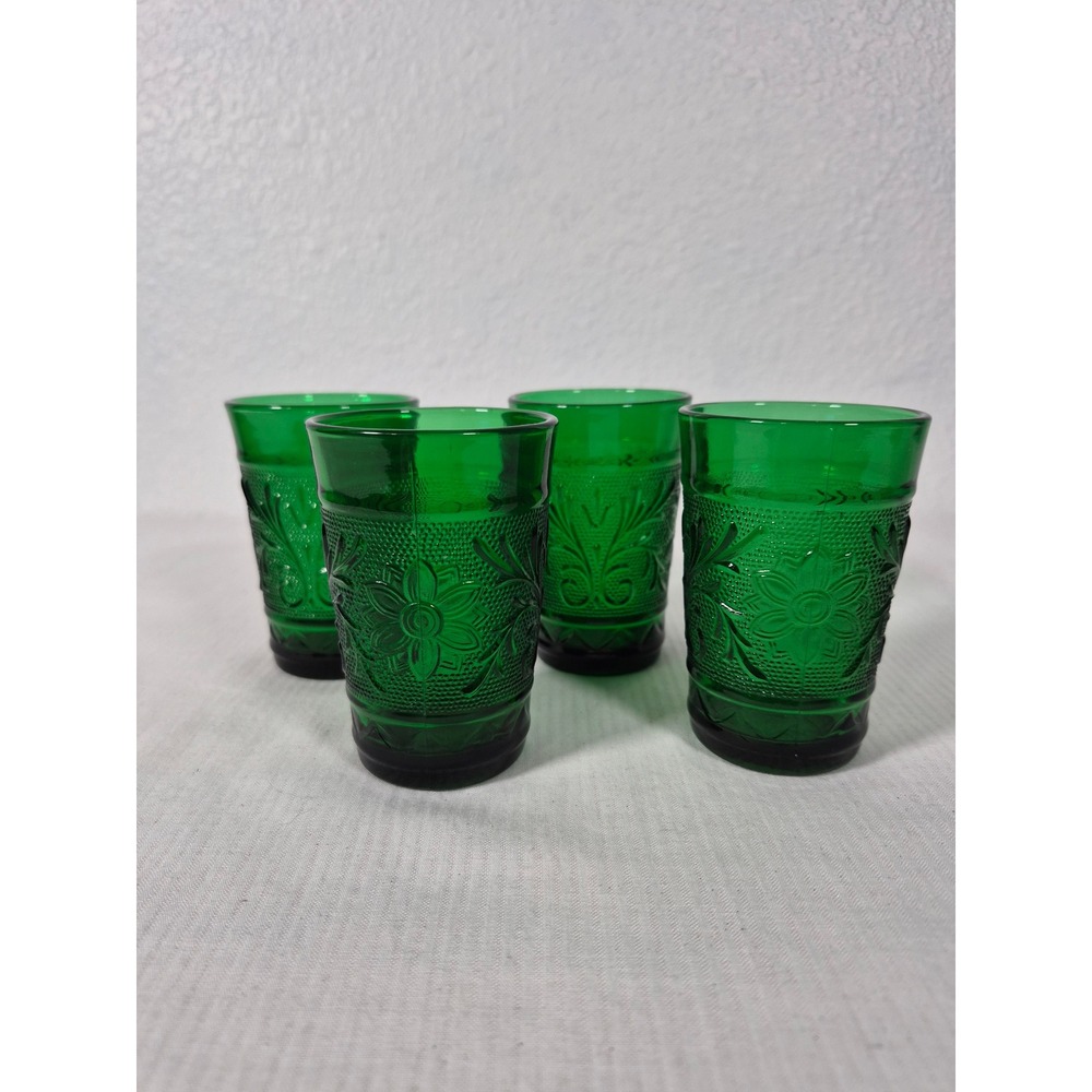 Vtg Anchor Hocking Emerald Green Embossed Floral Juice Glasses Set of 4 Tumblers